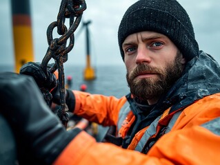 Offshore Wind Farm Safety Expert Surveying Site Assessing Risk Factors and Ergonomic Concerns for Maintenance Crews