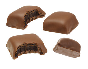 Chocolate-covered brownies in various angles, showcasing their rich, fudgy interior and smooth milk chocolate coating