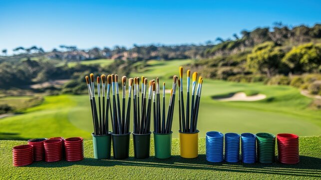 A collection of paintbrushes and cups arranged on a golf course backdrop.