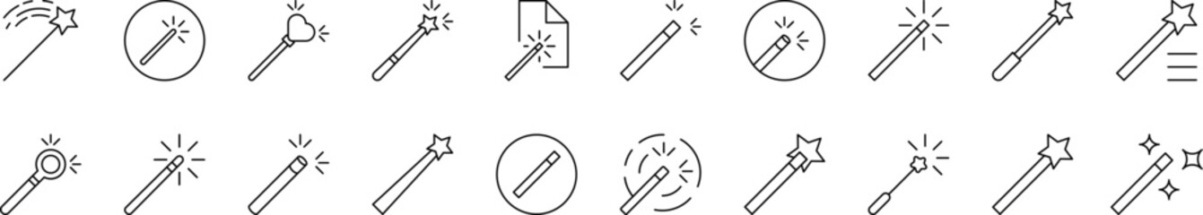 Magic Wand Icon Set for UI, Placards, Books, Apps. Editable Stroke. Suitable for Web Sites, Books, Cards, Apps