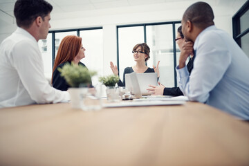 Coaching, laptop and mentor with business people in meeting for partnership, project proposal and company revenue. Client feedback, planning and teamwork with employees in office for research