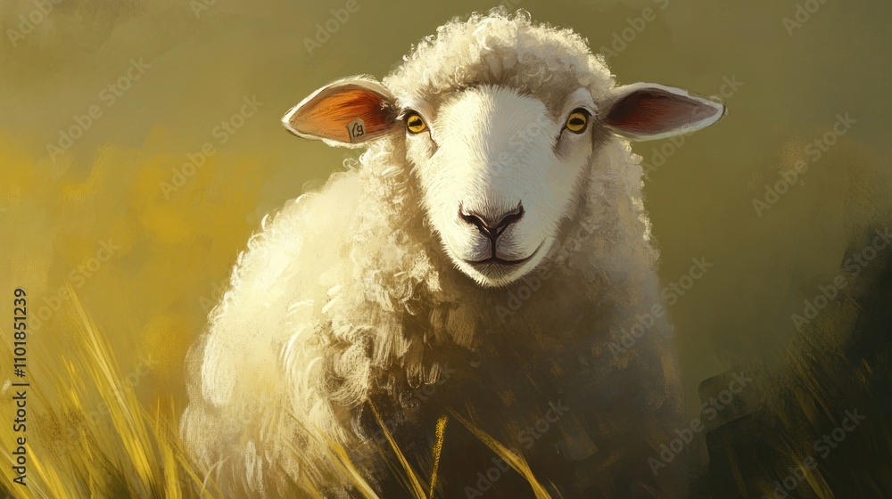 Poster a close-up of a sheep in a grassy field, showcasing its soft wool and inquisitive expression.