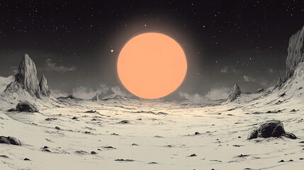Bright orange sun rises over a barren landscape with rocky formations under a starry sky at twilight. Generative AI