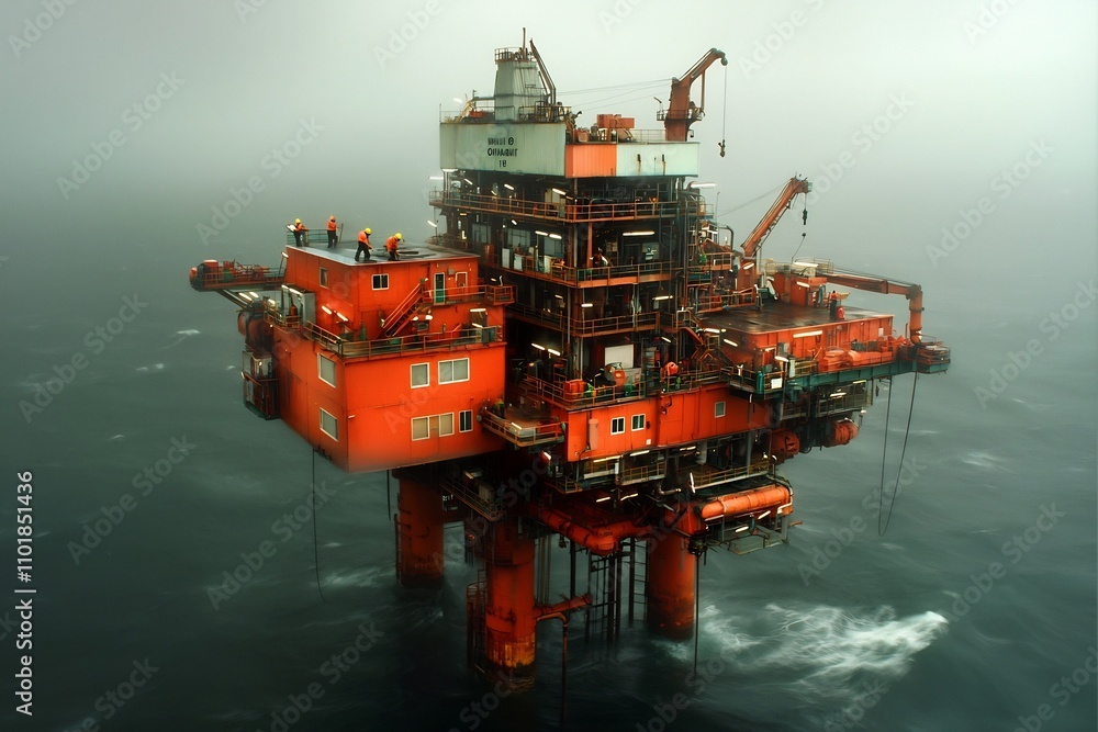 Poster sprawling offshore oil platform with complex machinery infrastructure and workers navigating the wea