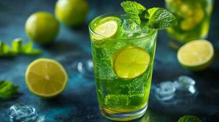 Fototapeta premium Green mojito cocktail with lime slices and mint leaves