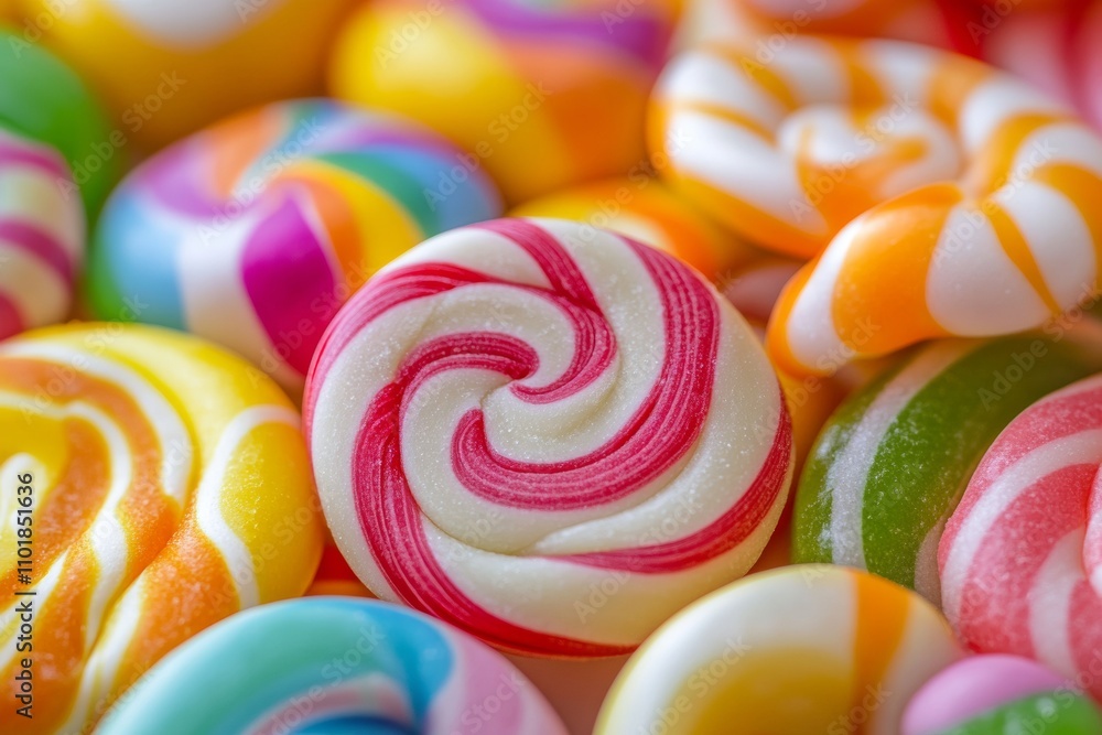 Poster a variety of bright, striped lollipops are neatly arranged, showcasing an assortment of colors and p