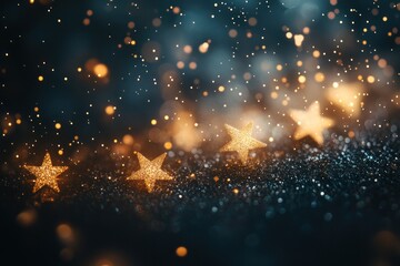 Golden stars on a blue and gold glitter background with bokeh lights.