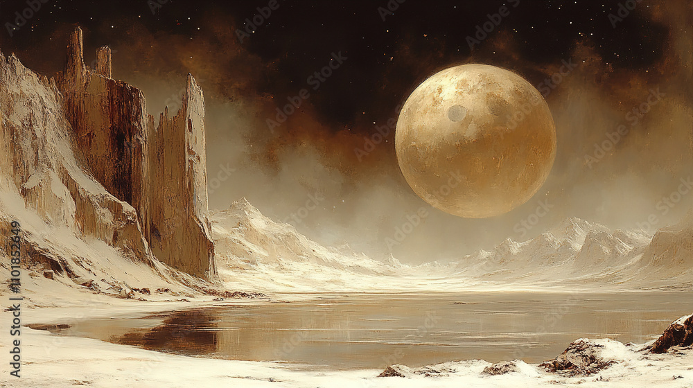 Poster Moonlit landscape with towering cliffs and reflective water creating a serene, otherworldly atmosphere at dusk. Generative AI
