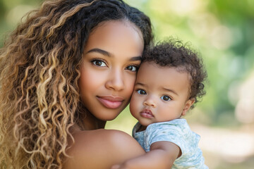 Fototapeta premium A Black mother holding her baby with a proud and gentle expression. A tender portrayal of motherhood, emphasizing love, diversity, and resilience