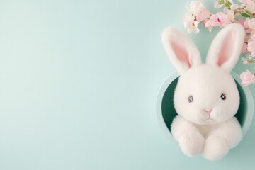 White rabbit peeking from a hole in a mint green background during daylight hours