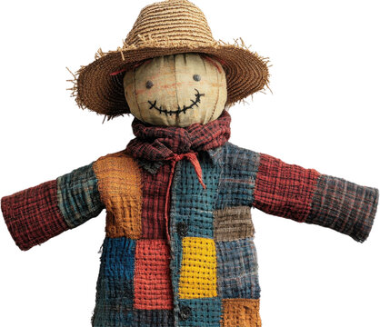 Colorful scarecrow dressed in patchwork attire with a straw hat against a transparent background - Powered by Adobe