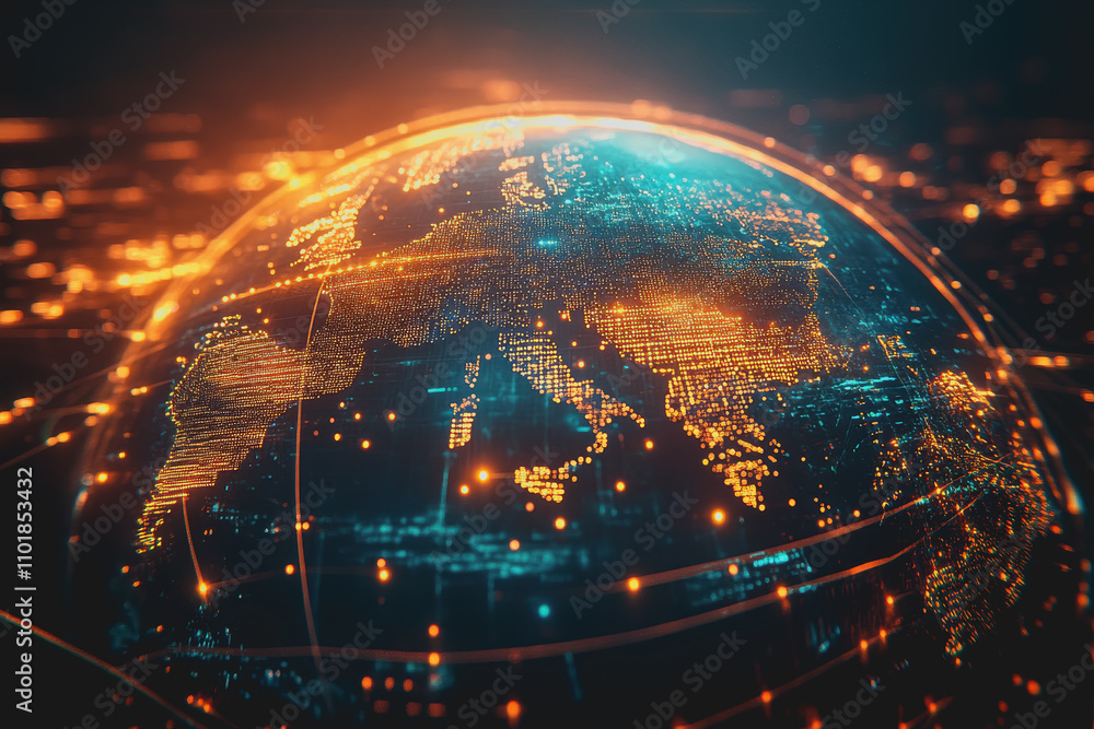 Poster futuristic 3d virtual globe design with glowing points and sleek visuals depicting a high-tech repre