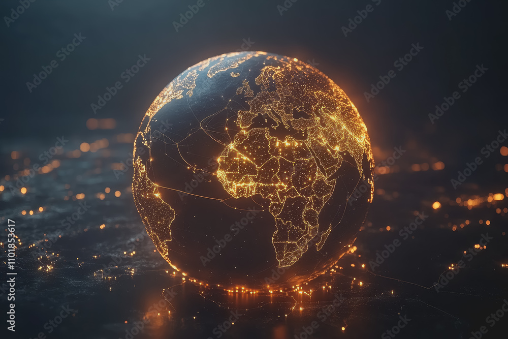 Poster futuristic 3d globe with glowing points representing a virtual network, showcasing a sleek and moder