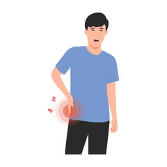 Man hip joint pain. Male with hip injury. holding their hip and grimacing. buttock ache. Flat vector illustration 
