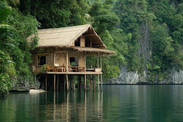 Fototapeta premium Bamboo Stilt House Overlooking Tranquil Green Water