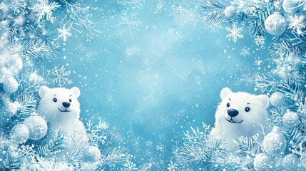 Charming Winter Scene Featuring Playful Polar Bears Surrounded by Snowflakes and Frosty Pine Branches in a Beautiful Icy Blue Background