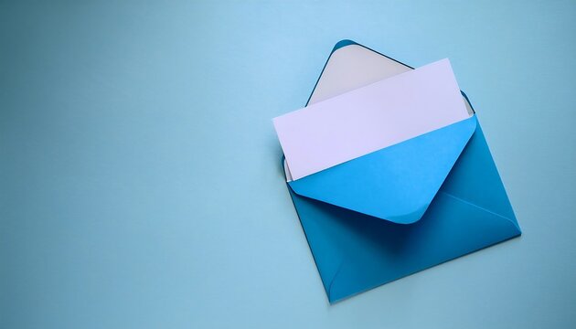  Blue envelope lies flat on pale blue table, containing a single sheet of paper in an otherw_1(838)