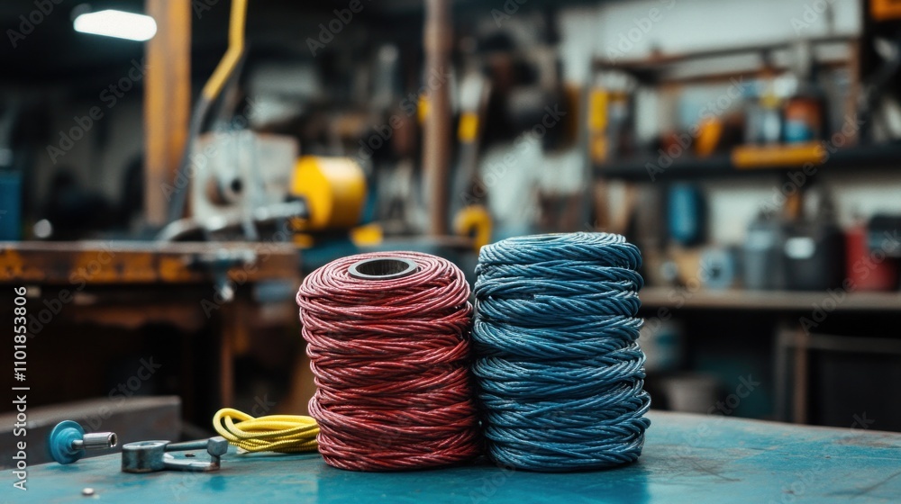 Poster two spools of red and blue rope on a workbench in a workshop setting.