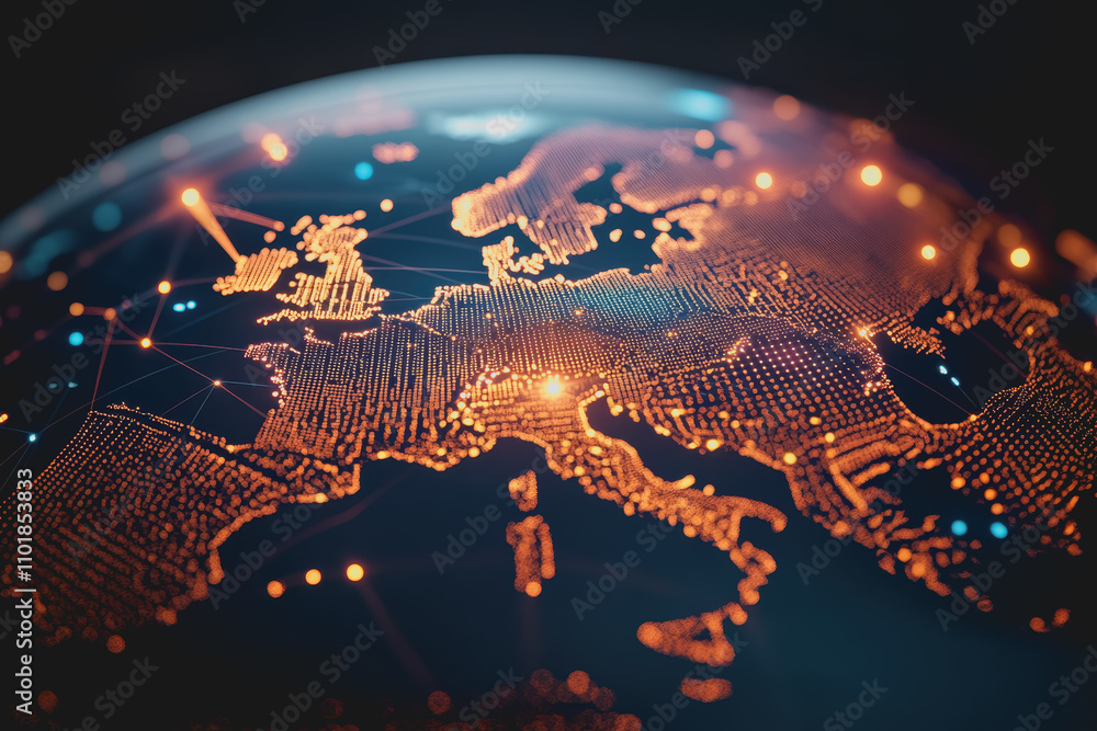 Poster futuristic 3d virtual globe with glowing points representing global connectivity and technology in a