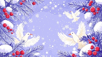 Obraz premium Elegant Winter Scene Featuring White Doves, Red Berries, and Snowflakes Surrounded by Evergreen Pine Branches Against a Serene Blue Background