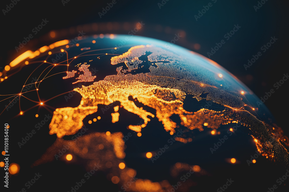 Poster futuristic 3d virtual globe with glowing points representing global connectivity and data flow, high