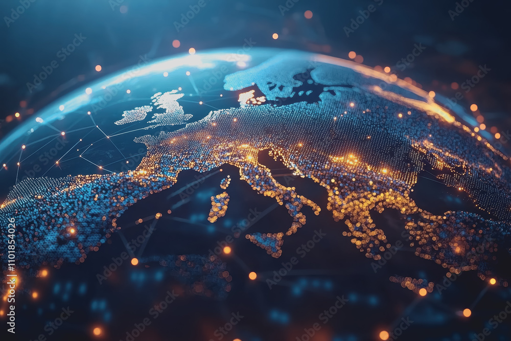 Poster futuristic 3d virtual globe with glowing points illustrating connectivity and data flow over earth a