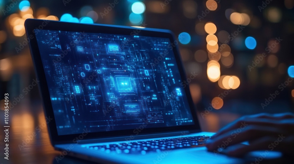 Poster close up of a laptop with a glowing blue screen displaying a digital network of circuits.