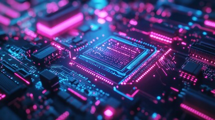 A close-up of a glowing circuit board with a central processor chip, illuminated by neon pink and blue lights.