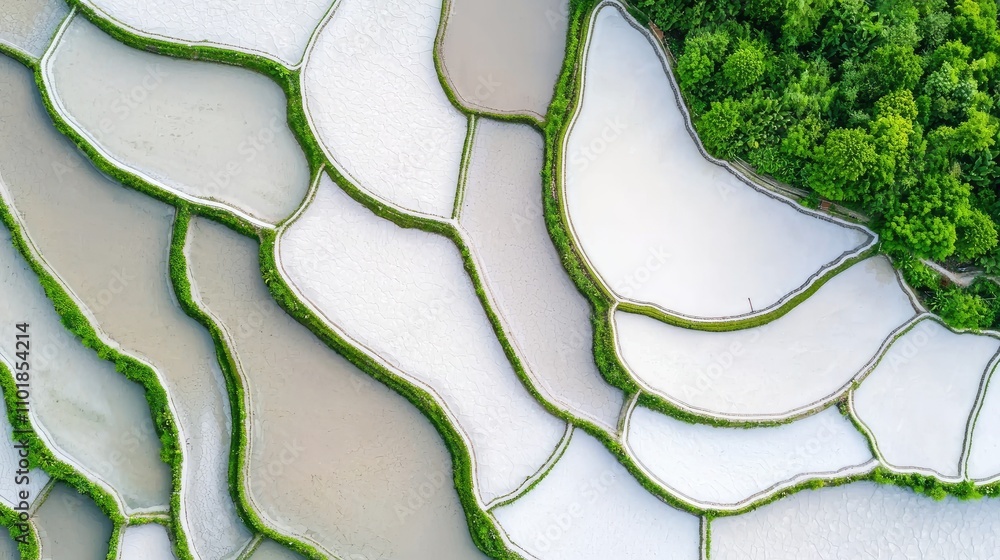 Poster aerial view of terraced rice fields with lush green borders, showcasing intricate patterns created b