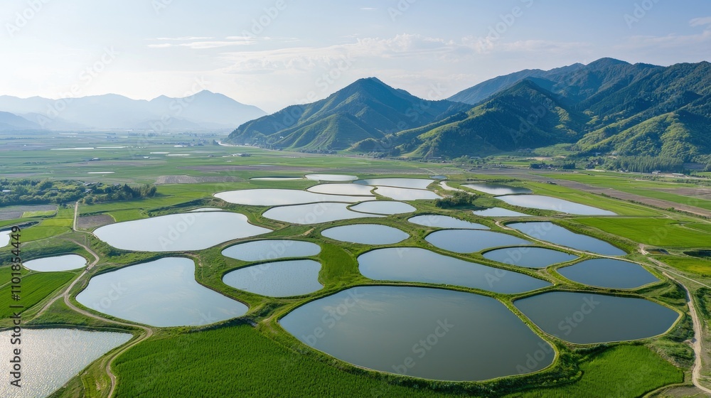 Poster aerial view of vibrant green fields interspersed with numerous circular ponds and mountains in the b