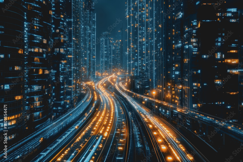 Aufkleber exploring the future of information technology: a vibrant digital landscape illuminated at night wit