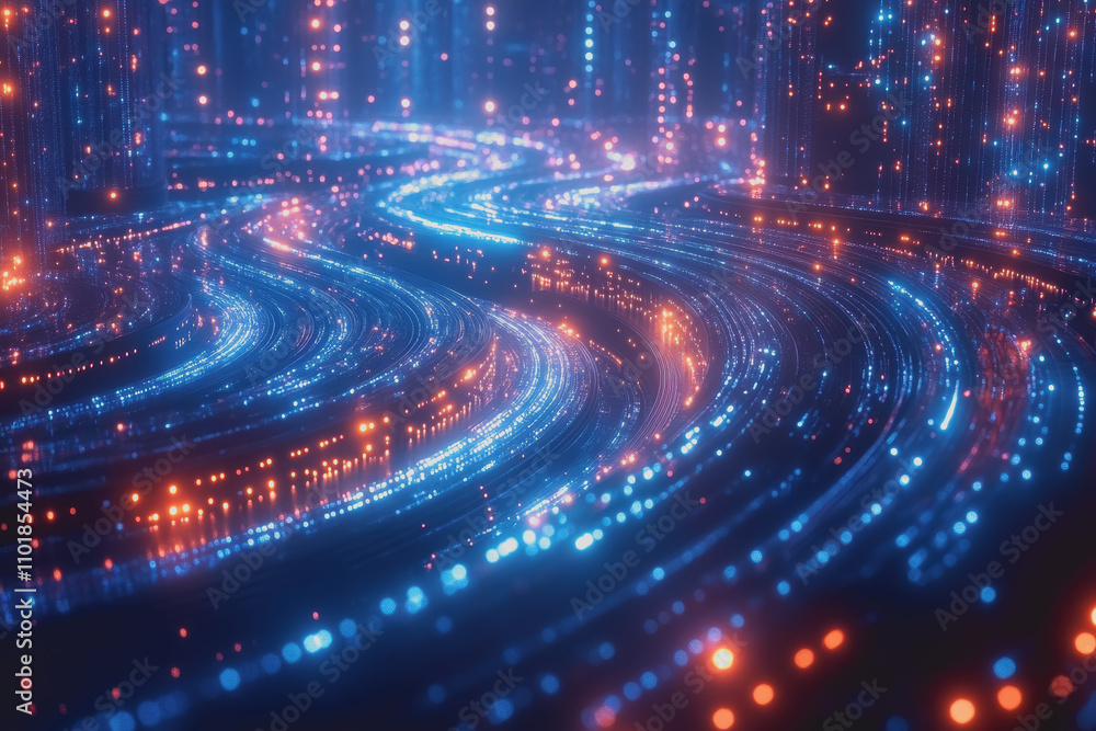 Poster captivating digital landscape of futuristic information technology featuring streams of light and in