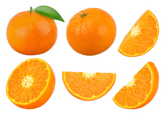 Orange fruit with leaves, half and slices isolated, Orange fruit macro studio photo, transparent PNG, collection, PNG format, cut out