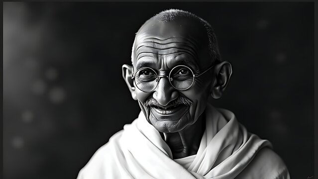 Black and white portrait of Mohatma Gandi with smiling face glasses. 