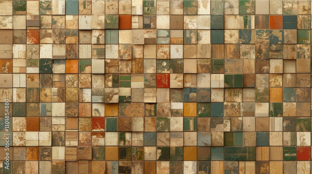 Poster a textured mosaic wall featuring a variety of colored and patterned tiles, creating a visually strik