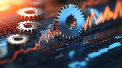 Fototapeta premium A conceptual image of gears in motion with a shrinking graph overlay, representing a slowing economy