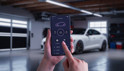Unlocking and starting a car with a mobile app in an urban garage. Modern smart car app on smartphone, innovative vehicle control for convenient city living