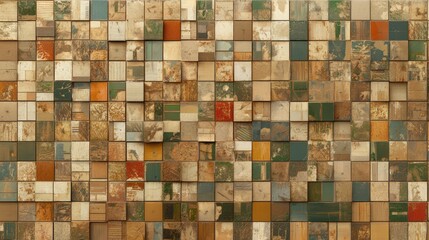 Fototapeta premium A textured mosaic wall featuring a variety of colored and patterned tiles, creating a visually striking abstract design.