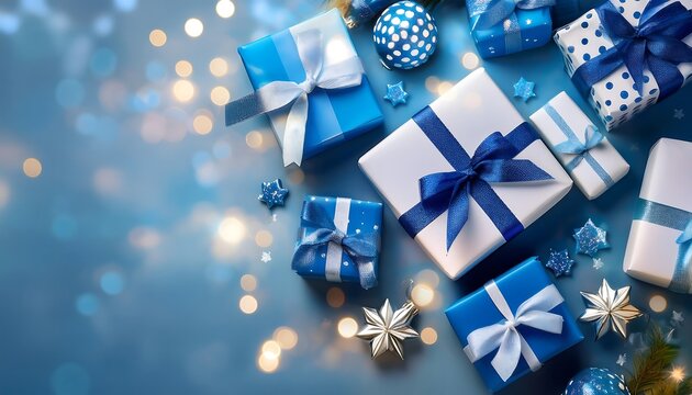  Beautifully wrapped gifts in blue and white adornments with ribbons and polka dots create a_1(826)