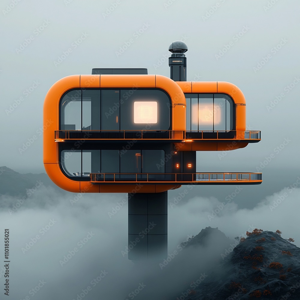 Poster retro futuristic space station with sleek modular architecture and floating holograms a minimalist c