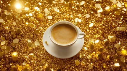 A cozy coffee cup amid radiant golden nuggets, combining indulgence and sophistication in this striking composition