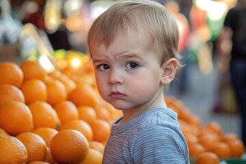Fototapeta premium A young boy holding a pile of oranges, ideal for family or still life photography