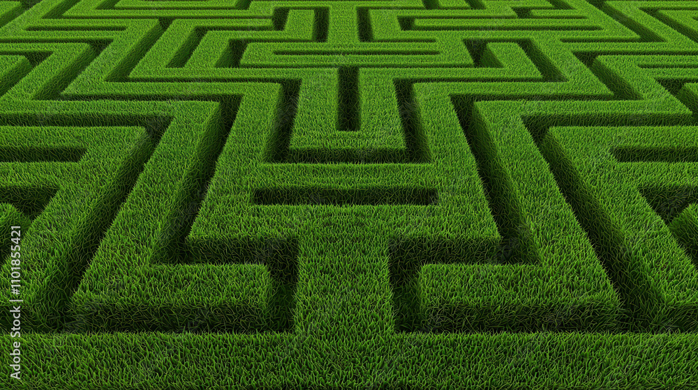 Poster green grassy maze background with intricate pattern of squares creates captivating visual. lush gras