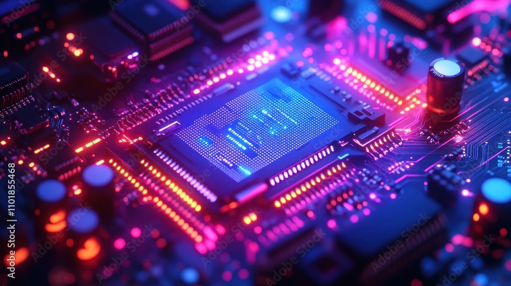 Poster close-up of a glowing circuit board with a central processor.