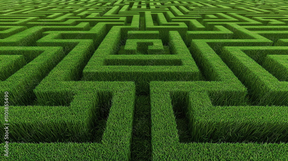 Poster green grassy maze background with intricate pattern of squares creates captivating visual. lush gree