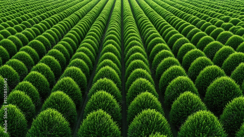 Poster a vibrant green landscape featuring meticulously arranged spherical bushes in neat rows, creating a 