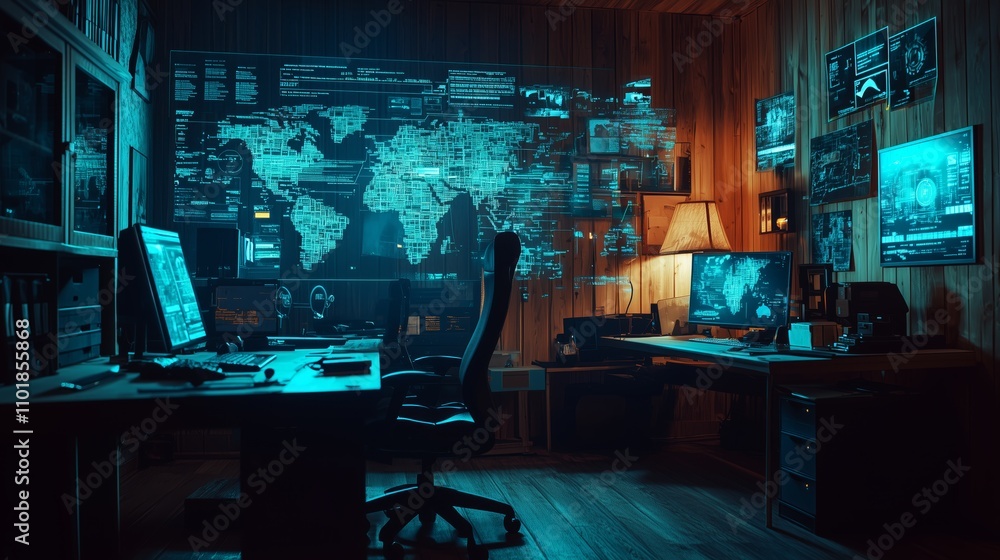 Poster futuristic home office with dual monitors and interactive world map on wall, featuring high-tech env