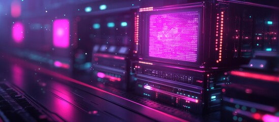 Obraz premium Retro futuristic server room with pink lighting and glowing screens.