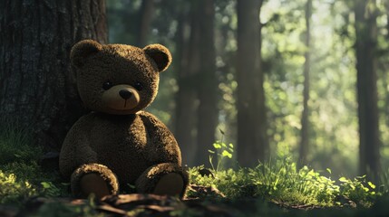 Lonely Teddy Bear Sits In A Sunlit Forest