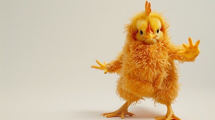 A cute chicken wearing a chicken nugget costume, dancing on a white background